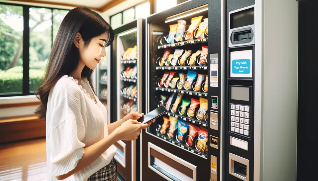 A woman using her smartphone to make a payment at a traditional vending machine